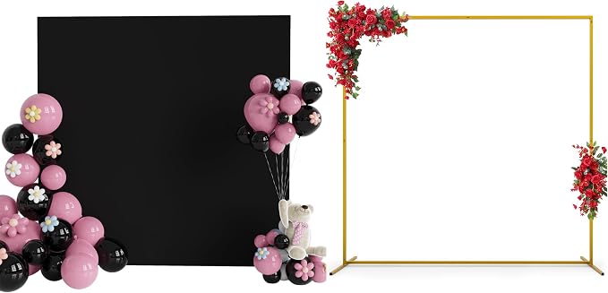 Fomcet 6.6FT x 6.6FT Gold Metal Square Backdrop Stand and Black Wedding Arch Cover Spandex Fabric for Birthday Party Baby Shower Anniversary Arch Stand Decoration