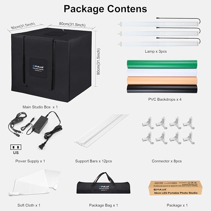 Photo Studio Light Box, PULUZ 80cm/32 inch Portable Lightbox Photo Shooting Tent Folding Photography Lighting Kit with 126 LED Lights & 3 Colors Backdrops (Black, White, Orange)