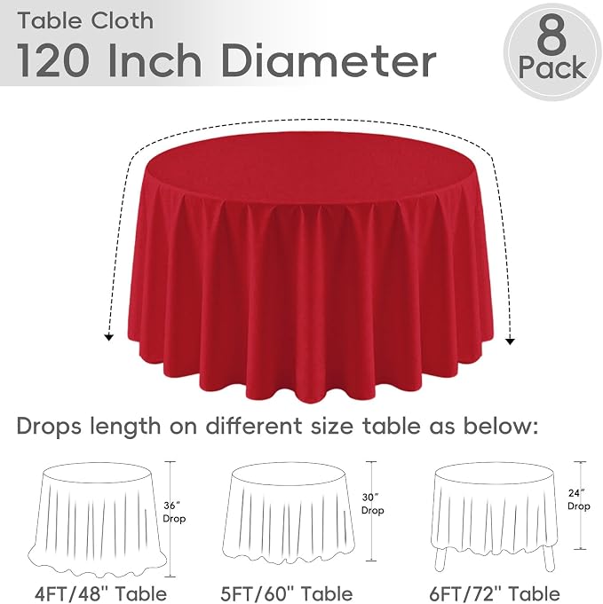 8 Pack Red Round Tablecloth 120 Inch Red Table Cloth, Washable Polyester Fabric Stain and Wrinkle Resistant Table Cover for Party Wedding Buffet Dining Banquet Anniversary
