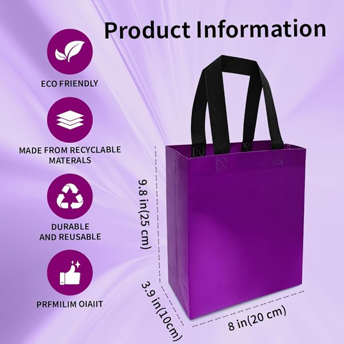 huichuan 12 Pack Purple Gift Bags with Handles, Reusable Small Gift Bag for Women Kids, Eco-Friendly Non-Woven Party Favor Goodie Bags Bulk for Valentine's Day, Birthday, Wedding, Baby Shower Treats