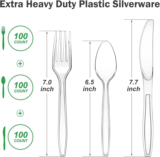 Dealusy 300 Count Extra Heavy Duty Clear Plastic Silverware, 100 Forks, 100 Spoons, 100 Knives, BPA-Free, Heat Resistant, Disposable Plastic Utensils Set, Plastic Cutlery Set, Plasticware Bulk