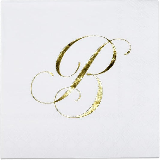 Gift Boutique 100 Gold Monogram Cocktail Napkins Letter B Disposable Paper Pack Elegant Metallic Golden Foil Hand Napkin for Powder Room Wedding Holiday Birthday Party Baby Shower Decorative Towels