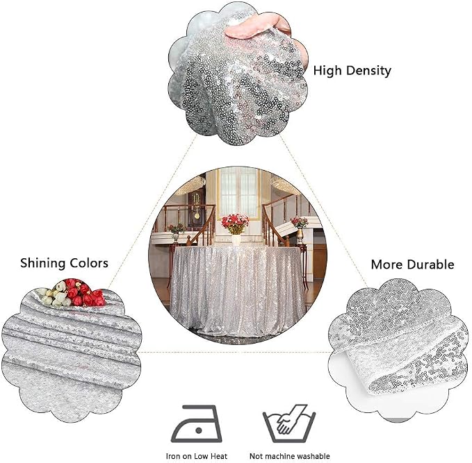 Juya Delight 120-Inch Round Silver Sequin Tablecloth for Wedding Birthday Party Festival Ceremony Dessert Table