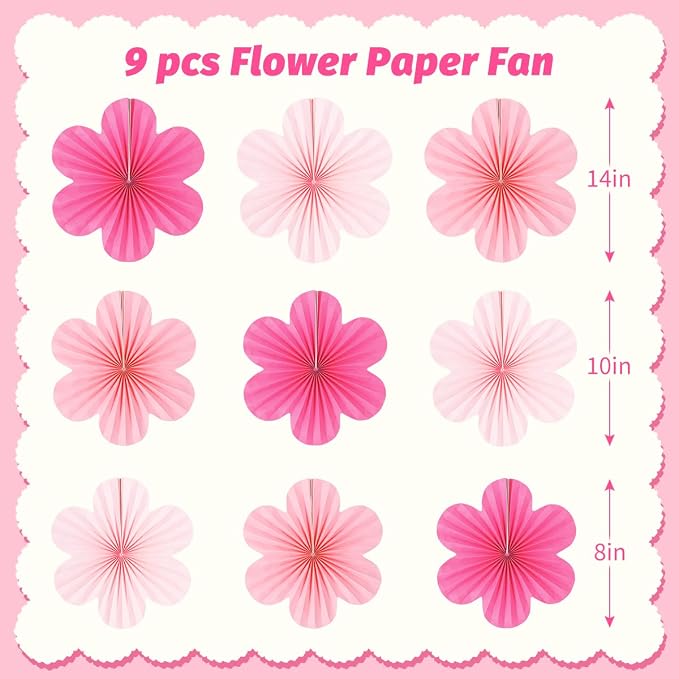 Paper Fans Party Decorations Paper Flowers Decorations for Wall Floral Backdrop Classroom Baby Shower Birthday Party Flower Wall Decor Pack of 9 Pink