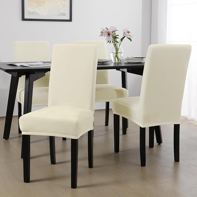 MOSAYT Velvet Stretch Chair Covers for Dining Room Set of 6 - Soft Slipcovers with Thick Removable Fabric for Parsons Chairs, Washable Seat Protectors for Kitchen, Banquet & Home Decor, Beige