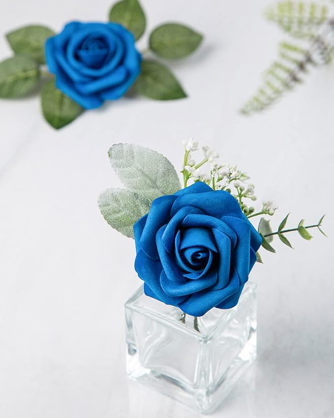 DuHouse 25Pcs Artificial Roses Flowers Fake Roses with Stems Real Touch Foam Flowers for DIY Wedding Bouquet Centerpiece Floral Arrangement Party Home Decor(Royal Blue)
