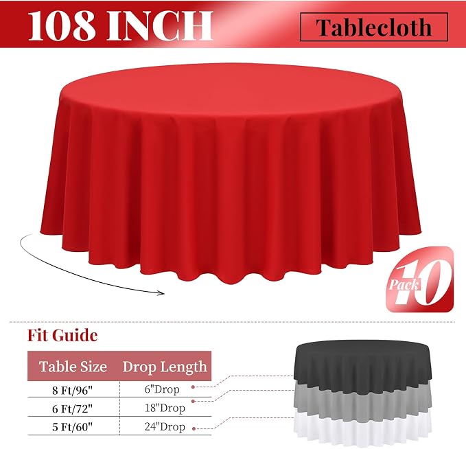 fani 10 Pack 108 Inch Round Tablecloth, Red Polyester Fabric Table Cloth for Round Table, Stain and Wrinkle Washable Table Cover for Wedding Party Dining Table Buffet Banquet Restaurant and Camping