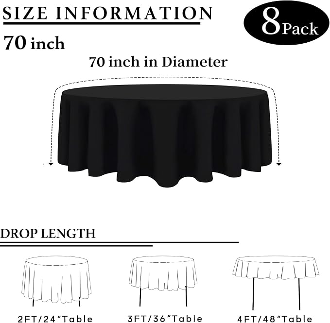 8 Packs Round Tablecloth 70 Inch Black Tablecloths for Circle Tables, Washable Polyester Fabric Tablecloths, Wrinkle Resistant Table Cloth Round Cover for Wedding Party Banquet Dining