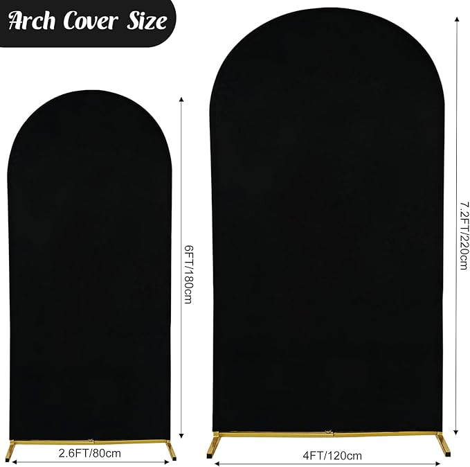 Set of 2 Wedding Arch Cover 2-Sided Round Top Spandex Fitted Arch Backdrop Cover for Birthday Party Baby Shower Wedding Arch Stand Decor（7.2FT, 6FT, Black）
