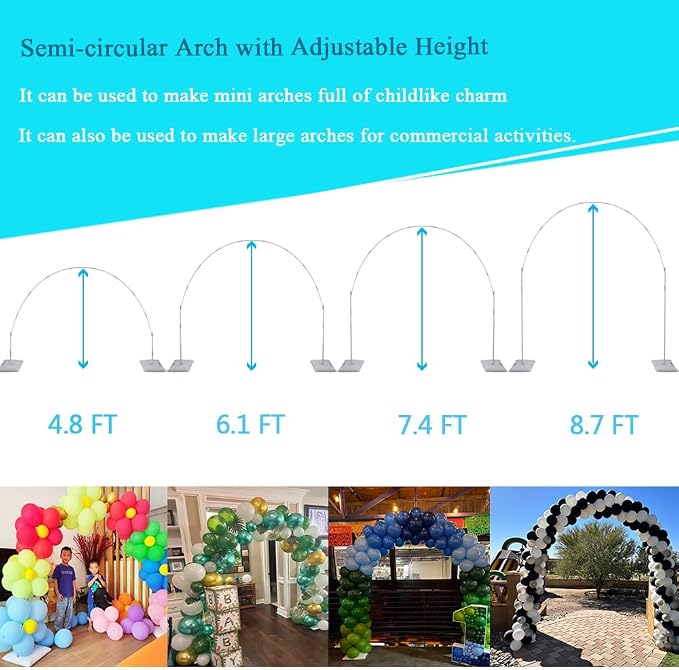 Decojoy Balloon Arch Stand, 7.5ft Large Round Backdrop Frame, Adjustable Half Circle Arch, 2 set Reusable Metal Ballon Column Kit with Base 3IN1 for Birthday, Wedding, Graduation, Shower Party