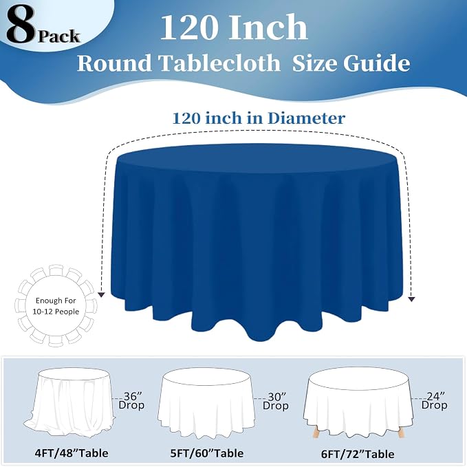 8 Pack Royal Blue Round Tablecloth 120 Inch Round Table Cloth, Wrinkle Resistant and Washable Tablecloth Polyester Fabric Table Cloth Round Table Cover for Dining Wedding Banquet Party