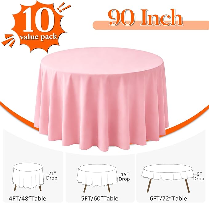 10 Pack Pink Round Tablecloth 90 Inch Round Table Cloth Wrinkle Resistant Pink Tablecloth Washable and Reusable Polyester Fabric Table Covers for Banquet Wedding Party Dining Buffet