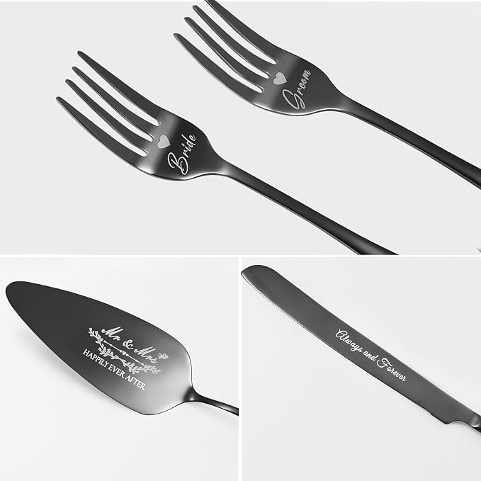 Wedding Cake Knife and Server Set, Black Cake Cutting Set for Wedding, 4 Pieces Set with Forks for Engagements, Anniversaries, Bride and Groom
