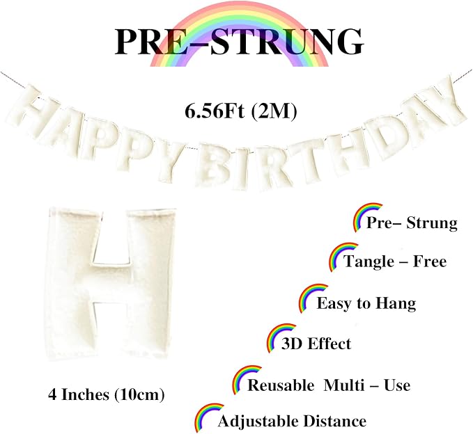 Pre-Strung Happy Birthday Banner - Felt Ball Garland, White Theme Party Decorations, HAPPY BIRTHDAY Garland, Personalized Birthday Sign for Birthday Decor, Party Decor, Photo Prop (White Happy Birthday Banner)