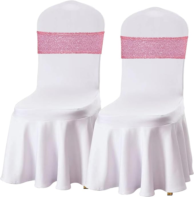 SquarePie 50 Pcs Sequin Chair Sashes Fuchsia Pink Sparkly Sequin Sashes Bands for Wedding Party Festive Chair Cover Decor