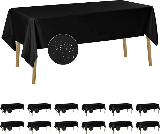 Fokitut 12 Pack Waterproof Rectangle Tablecloth, 60x102 Inch, Stain Resistant and Wrinkle Polyester Table Cloth, Fabric Table Cover for Kitchen Dining, Wedding, Party, Holiday Dinner-Black