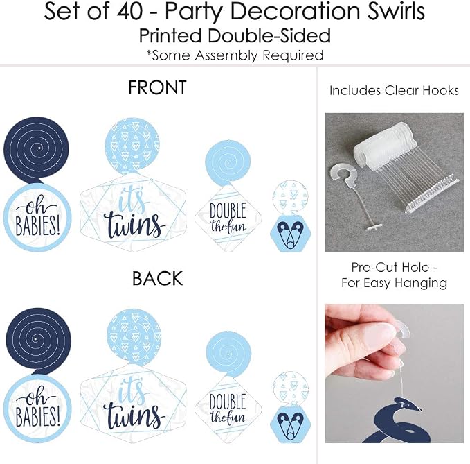 Big Dot of Happiness It’s Twin Boys - Blue Twins Baby Shower Hanging Decor - Party Decoration Swirls - Set of 40