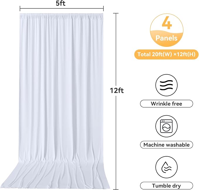 20ftx12ft White Backdrop Curtain for Wedding Parties, Wrinkle Free 4 Panels Silky Polyester 12 ft Long Photo Backdrop Drapes Back Drop Cloth Drapery for Birthday Baby Shower Photography Background
