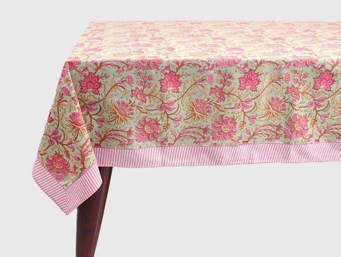 Ridhi Pistachio Green Hand Block Print Cotton Rectangle Tablecloth 160" x 72" inches Reusable Table Cover Decorative Everyday Use for Dining Room, Farmhouse, Home Gift for Spring, Mother's Day