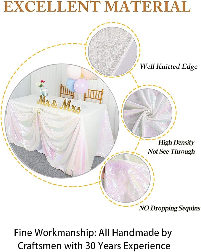 Sequin Tablecloth Rectangle 50x72-Inch Iridescent White Table Cloths for Parties Rectangular Table Cover Overlay Glitter White Birthday/Baby Shower/Tea Party Decor