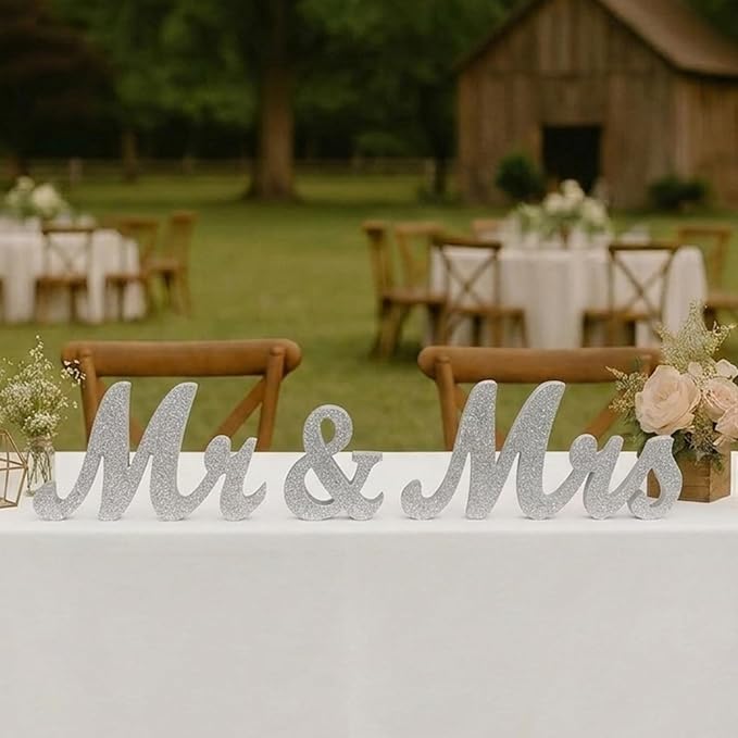 Mr & Mrs Sign for Wedding Table, Wedding Decorations for Reception, Large Wooden Letters Centerpieces Decor for Sweetheart Table, Ceremony, Anniversary, Party and Valentine's Day(Silver)