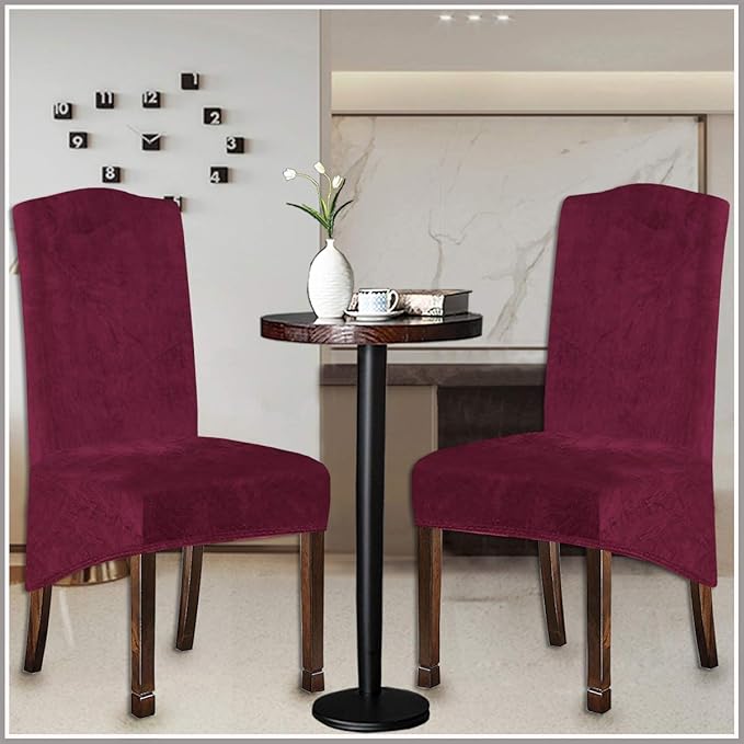 Velvet Plush XL Dining Chair Covers, Stretch Chaircover, Spandex High Chairs Protector Covers Seat Slipcover with Elastic Band for Dining Room,Wedding, Ceremony, Banquet (Wine Red, Set of 4)