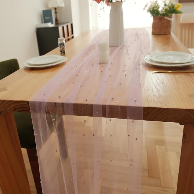 Set of 1 Pearl Table Runner 10ft, 29 * 120 Inch Purple Table Cloth Pearl Sheer Tulle Table Cover,Pearl Table Runner for Wedding Party Baby Shower Birthday Home Decor