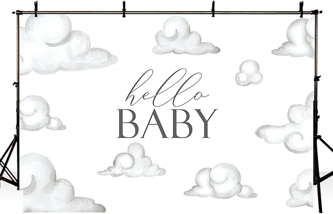 MEHOFOND Hello Baby Baby Shower Backdrop White Clouds Baby Birthday Party Decorations Backdrop White Cloud Baby Shower Party Decorations Cake Table Banner Supplies Photo Studio Props(7x5ft)