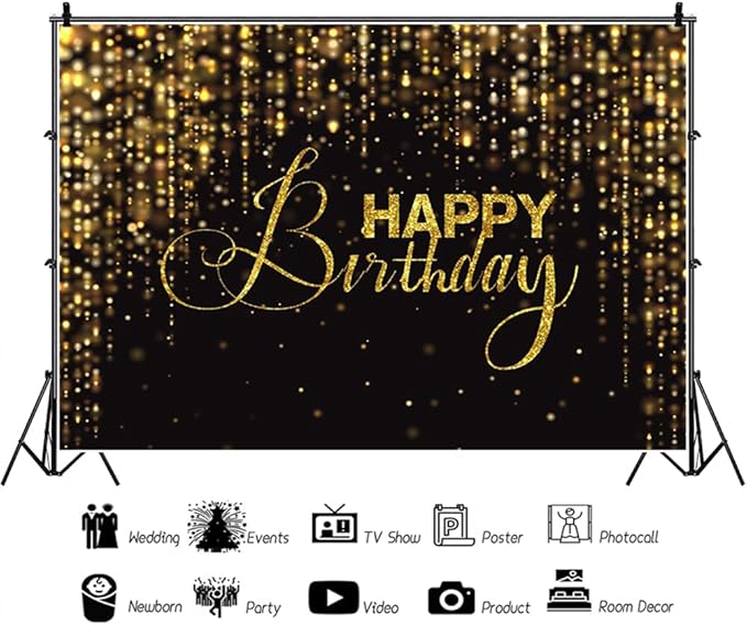 Happy Birthday Backdrop for Photography 15x10ft Luxury Black and Gold Birthday Party Backdrop Background Banner Bokeh Glitter Men Birthday Party Decorations Supplies Wallpaper Studio Props