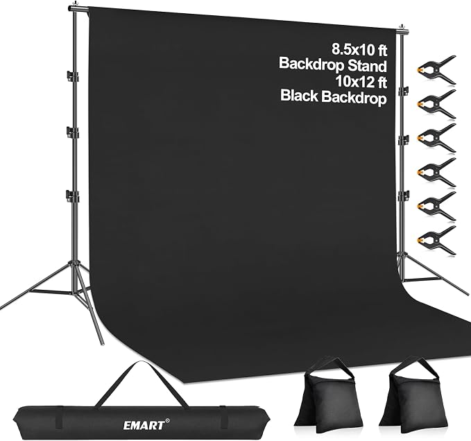 EMART 8.5 x 10 ft Adjustable Photo Backdrop Stand Kit with 12 x 10 ft Portable Black Backdrop, Background Holder Support System Kit for Photography, Party, Live Game, Interviews, YouTube, TIK Tok