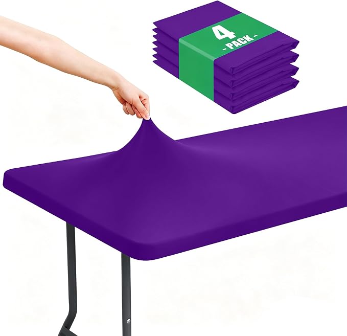 Moosfor Spandex 5 Foot Rectangle Table Cloth 4 Pack, Elastic Fitted Tablecloths for Picnic, Stretch Washable Patio Table Cover for Outdoor, Camping, Banquet and Parties (Purple, 30"x60")