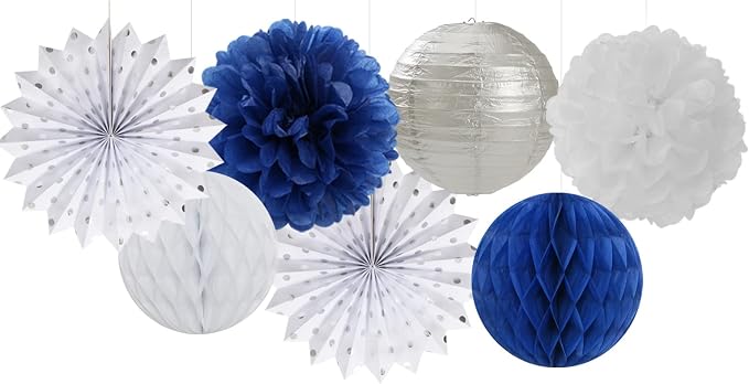 Navy-Blue White Silver Party Decorations - 14pcs Kits Paper Lanterns Fan,Tissue Flower Pom Poms Streamers,Honeycomb Balls,Graduation 2026 Men Birthday Wedding Baby Bridal Shower Decor Lasting Surprise