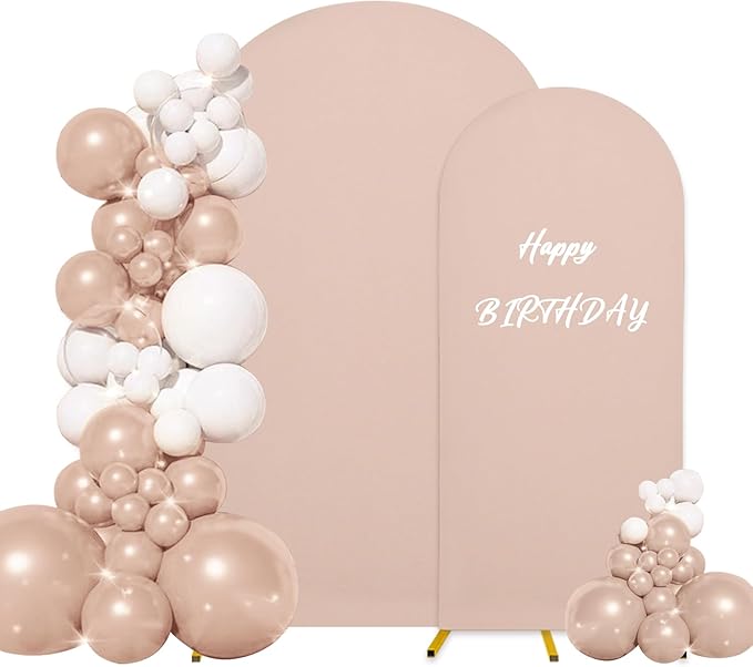 Set of 2 Wedding Arch Cover 2-Sided Round Top Spandex Fitted Arch Backdrop Cover for Birthday Party Baby Shower Wedding Arch Stand Decor（7.2FT, 6.6FT, Cameo Brown）