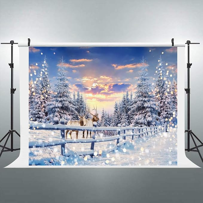 Winter Wonderland Christmas Backdrop 10x8ft for Photography Forest Reindeer Snow Winter Scene Backdrop for Pictures Christmas Party Holiday Background Decorations Photo Booth