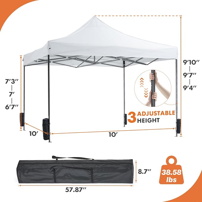 OLIXIS 10x10 FT Pop Up Canopy Tent, Sun Shade Instant Beach Canopy with Windproof Sand Bags, Heavy Duty Portable Outdoor Shelter for Beach Yard Party Events, Solid White