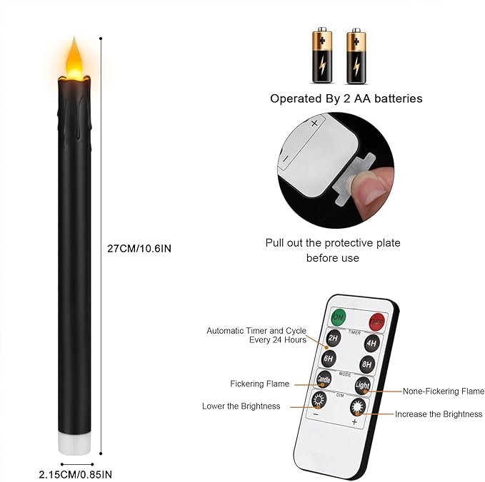 wemarry Flameless Taper Candles 10.6" Dripless Battery Operated Taper Candles Included Remote Timer 400+ Hours by 2AA Batteries for Halloween Christmas Wedding (Black, 24 Pack)