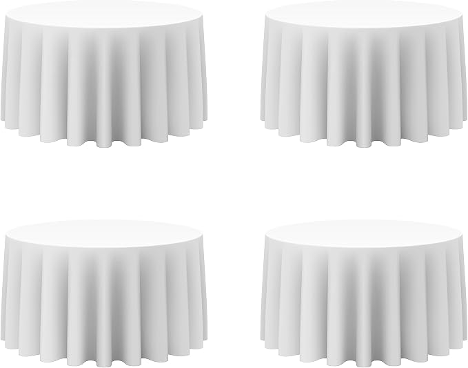 BRILLMAX 4 Pack White Round Tablecloths 120 Inch for 60” Tables - 150 GSM Polyester Fabric, Floor Length Drop, Water, Stain & Wrinkle Resistant Cloth Cover for Wedding Reception Banquet Dining