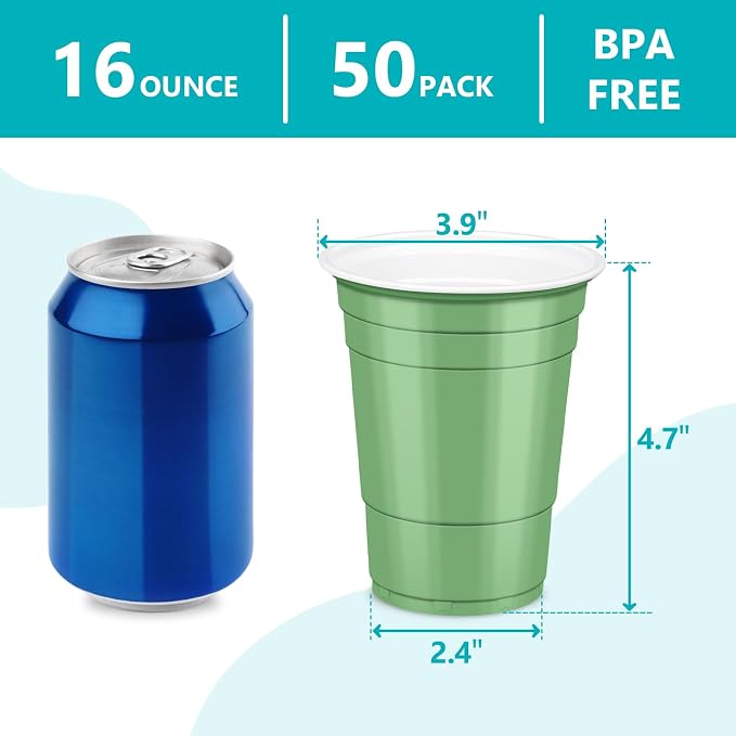 LANLISA 50 Sage Green Plastic Cups, 16 oz Disposable Cups, Drinking Cups For Birthday Party, Baby Shower, Easter Party