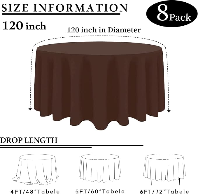 8 Packs 120 Inch Brown Round Tablecloth in Diameter, Washable Polyester Fabric Tablecloths, Wrinkle Resistant Table Cloth for Wedding Party Banquet Dining