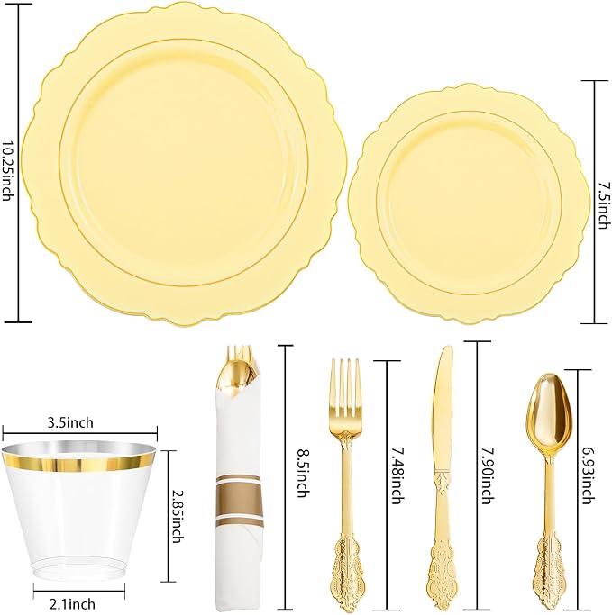 Liacere 350PCS Yellow Plates - Yellow Disposable Plastic Plates With Gold Rim-50Guest Plastic Dinnerware include 100 Plates,50 Pack Pre Rolled Napkins with Silverware 50Cups for Wedding＆Party