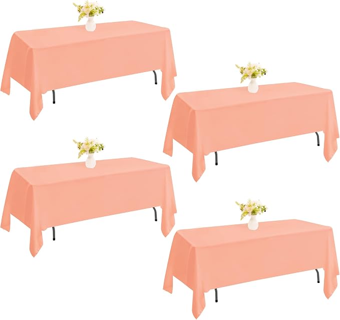 4 Pack Rectangle Tablecloth for 6 Foot Tables Washable Polyester Table Cover for Wedding Dining Table Parties Banquet（60x102 Peach Coral）