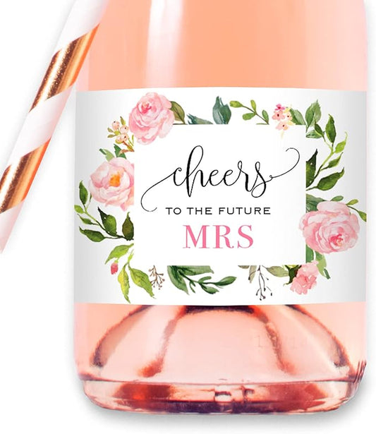 Cheers to the Future Mrs. - 24 Mini Champagne Bottle Labels, Waterproof Mini Wine Bottle Labels for Bridal Shower Bachelorette Party (Pink Floral, 24 Mini Bottle Labels)
