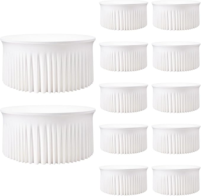 12 Pack White Round Spandex Tablecloth for 72 inch Table, Wrinkle-Free Stretchy 6FT Fitted Round Table Cloths with Skirt, Banquet Wedding Party Birthday Dining Bridal Shower Table Covers