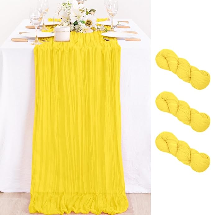 MLMC 3 Pack Yellow Table Runner 10ft Spring Sheer Gauze Cheesecloth Table Runner Cheese Cloth Centerpiece Decororations 35x120 Inches for Wedding Bridal Baby Shower Birthday Party Decor