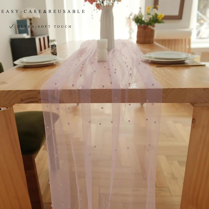 Set of 1 Pearl Table Runner 10ft, 29 * 120 Inch Purple Table Cloth Pearl Sheer Tulle Table Cover,Pearl Table Runner for Wedding Party Baby Shower Birthday Home Decor