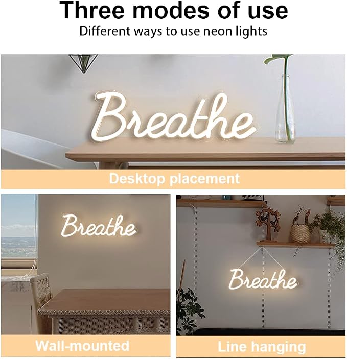 Breathe Neon Sign for Wall Decor by 5V USB Powered, Neon Breathe Signs with Dimmer Switch for Home, Yoga Studio Bedroom Readingroom, Lounge Wall Decoration Size 17x6 inches Warm White Yoga Studio Decor