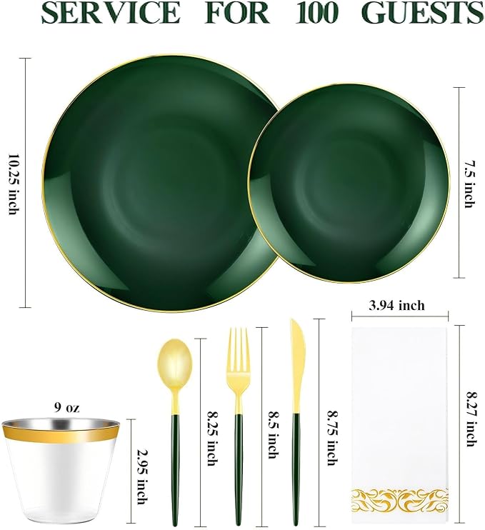 700 PCS Green Plastic Dinnerware Set, Green and Gold Rim Disposable Plates for Party, Include 200 Green Plates with 300 Plastic Cutlery, 100 Napkins and 100 Cups