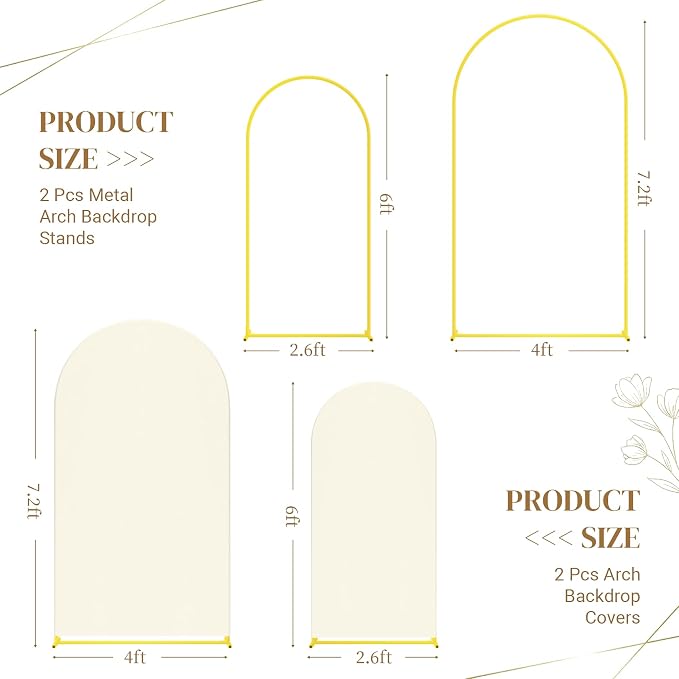 Toolterritary 2 Metal Arch Backdrop Stand and 2 Cover Set, Sturdy 7.2FT, 6FT Party Backdrop Set, Wedding Arch Frame and Cover Set for Birthday, Baby Shower,Christmas, Anniversary(Beige)