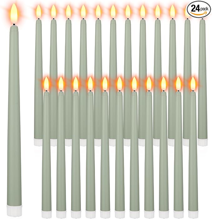 Macarrie 24 Packs Flameless Taper Candles Battery Operated Fake 11 Inch Long Candlelight LED Flameless Candlesticks Flickering Tapered for Summer Fall Wedding(Light Green)