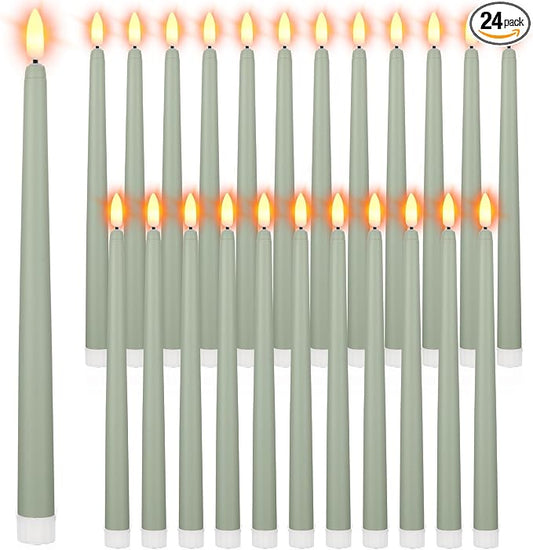 Macarrie 24 Packs Flameless Taper Candles Battery Operated Fake 11 Inch Long Candlelight LED Flameless Candlesticks Flickering Tapered for Summer Fall Wedding(Light Green)